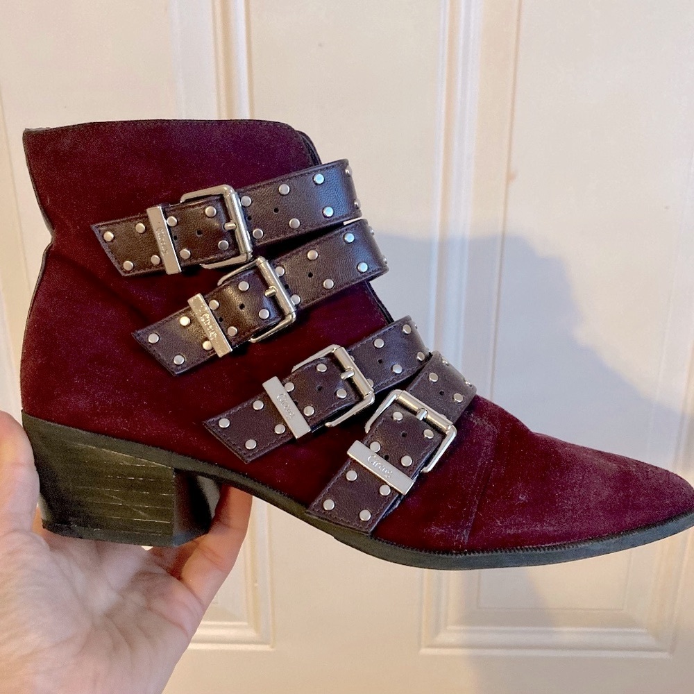 Maroon velvet ankle booties